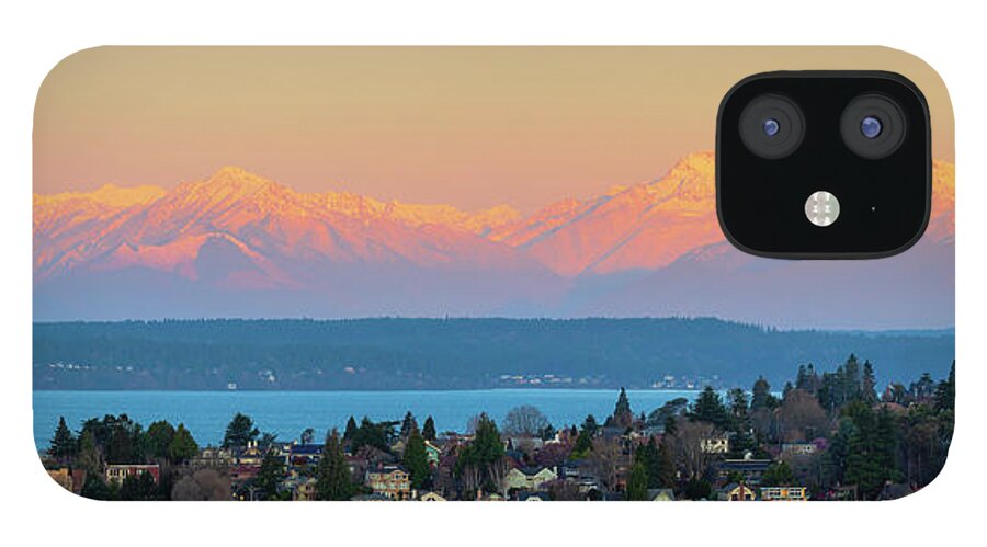 Sunrise; Dawn; Outdoor; Park; Marshall Park iPhone 12 Case featuring the digital art First light of Olympic Mountains from Betty Bowen viewpoint by Michael Lee