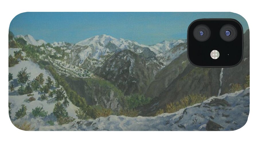 White Mountains iPhone 12 Case featuring the painting Winter in The White Mountains Crete by David Capon