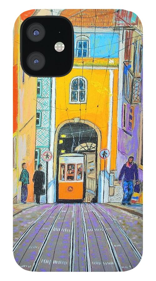 Pastel iPhone 12 Case featuring the pastel Tram Lisbon by Rae Smith PAC