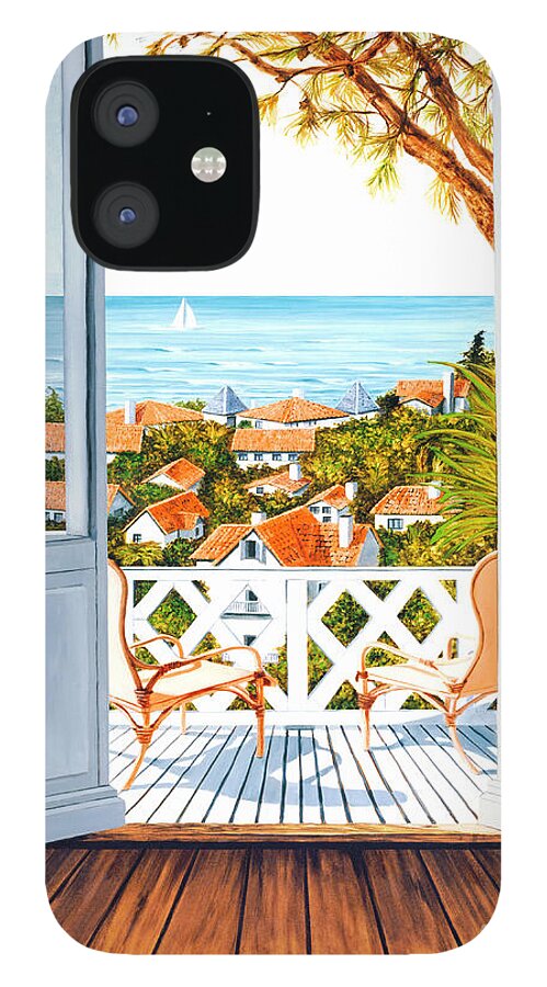 Large Prints iPhone 12 Case featuring the painting VERANDA VIEW -print -wider format by Mary Grden