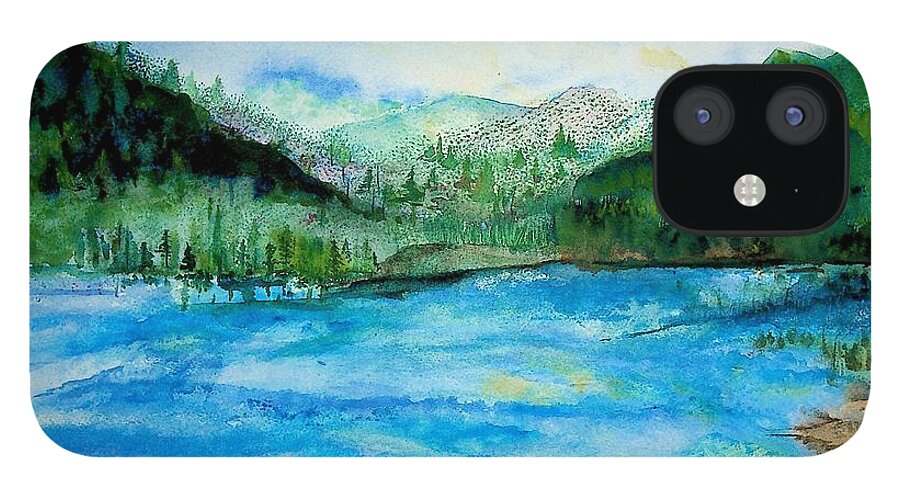 River iPhone 12 Case featuring the painting Watercolor Landscape river and hills by Valerie Shaffer