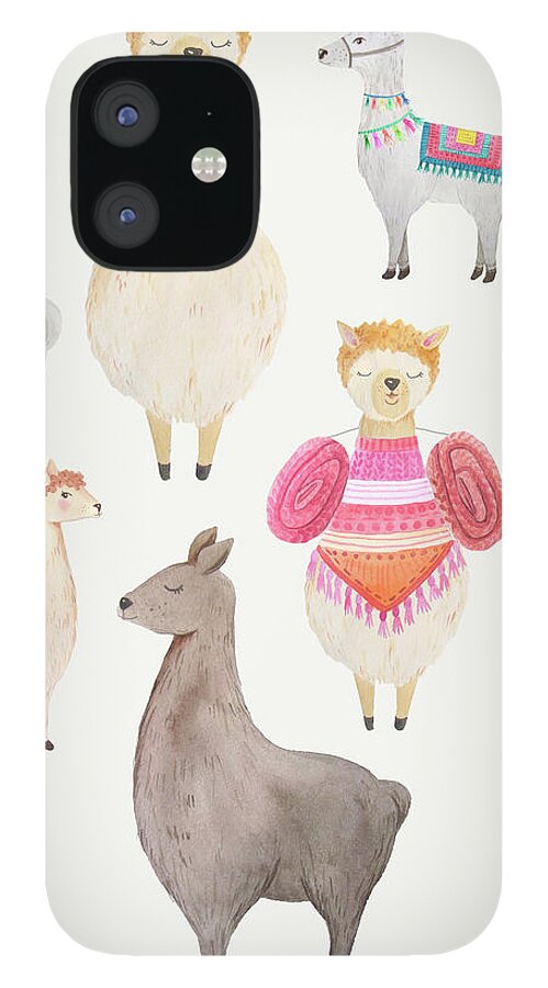 Llamas iPhone 12 Case featuring the painting Watercolor Llamas by Modern Art
