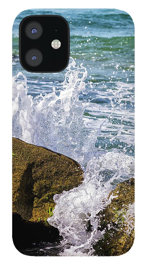 Wave iPhone 12 Case featuring the photograph Wave Break Against Rocks on Atlantic Beach by Bob Decker