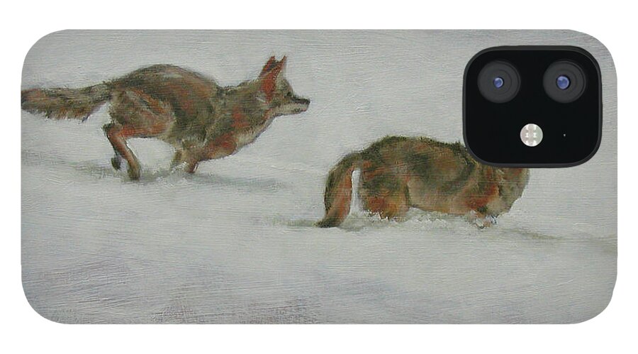 Oil Painting iPhone 12 Case featuring the painting Winter coyotes by Todd Cooper