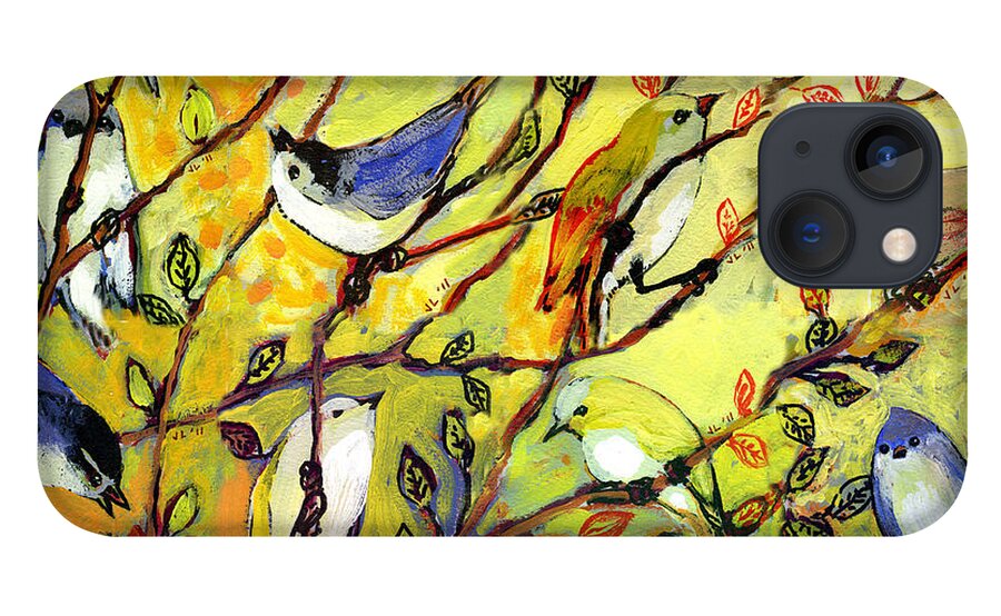 Bird Tree Rainbow Nature Painting Branch Series 16 Sixteen Chickadee Canary Finch Bluebird Jenlo iPhone 13 Case featuring the painting 16 Birds by Jennifer Lommers
