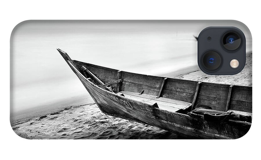 Tranquility iPhone 13 Case featuring the photograph Fisherman Boat At Beach In Black And by Photography By Azrudin