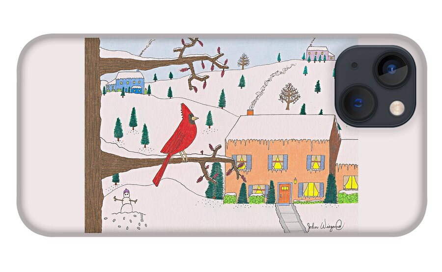 Cardinal iPhone 13 Case featuring the drawing A Cardinal Christmas by John Wiegand