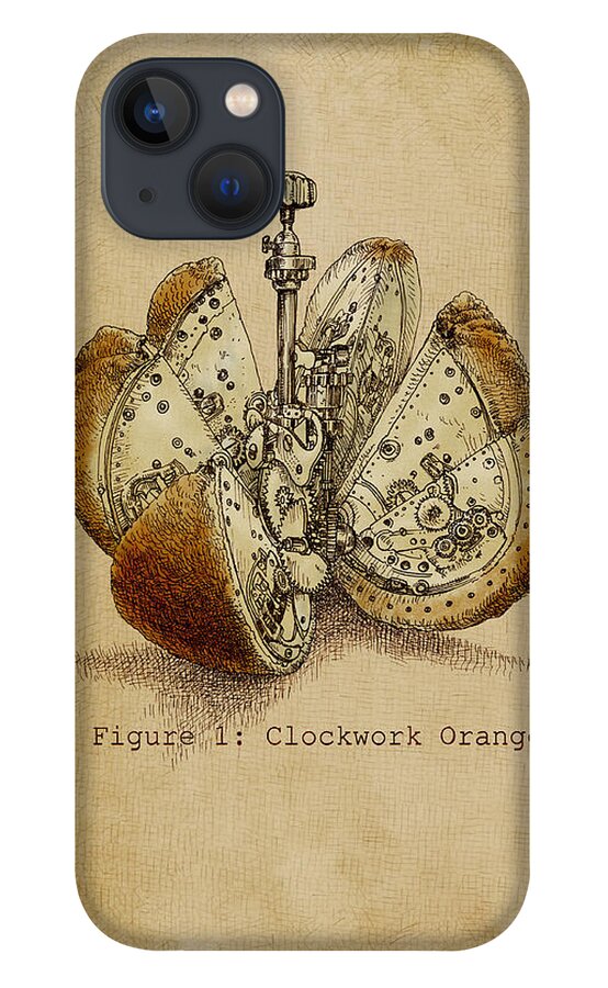 Orange iPhone 13 Case featuring the drawing Steampunk Orange - Option by Eric Fan