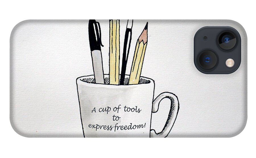 Christopher Shellhammer iPhone 13 Case featuring the drawing A cup of tools to express freedom by Christopher Shellhammer