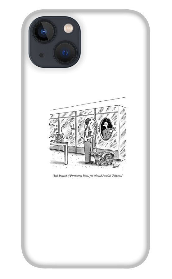 A Woman Doing Laundry With A Spaceman Coming iPhone 13 Case