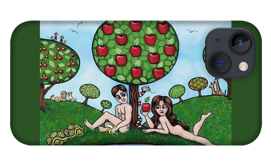 Adam And Eve iPhone 13 Case featuring the painting Adam and Eve The Naked Truth by Victoria De Almeida