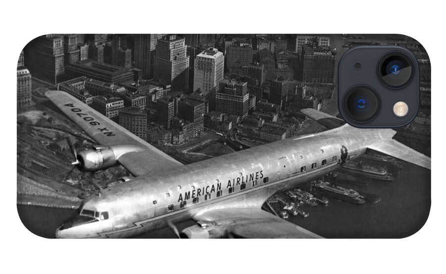 1940's iPhone 13 Case featuring the photograph American DC-6 Flying Over NYC by Underwood Archives