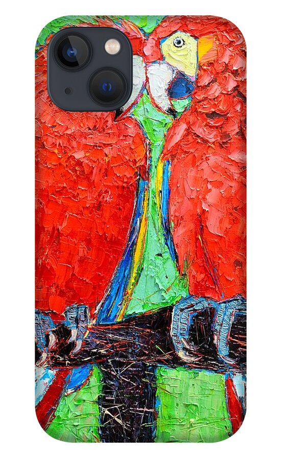 Parrots iPhone 13 Case featuring the painting Ara Love A Moment Of Tenderness Between Two Scarlet Macaw Parrots by Ana Maria Edulescu