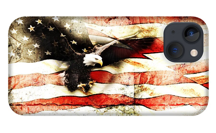 Memorial Day iPhone 13 Case featuring the photograph Bald Eagle Bursting Thru Flag by Eleanor Abramson