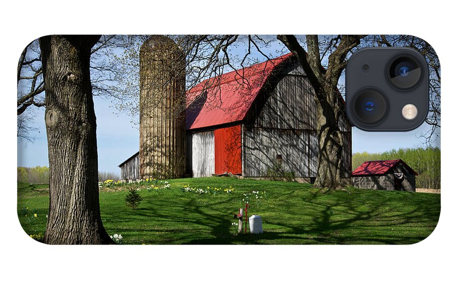 Barn iPhone 13 Case featuring the photograph Barn with Silo in Springtime by Mary Lee Dereske