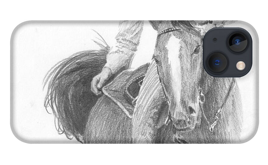 <a Href=http://miketheuer.com Target =_blank>www.miketheuer.com</a> Barrel Horse Rider Pencil Portrait iPhone 13 Case featuring the drawing Barrel Horse Rider Pencil Portrait by Mike Theuer