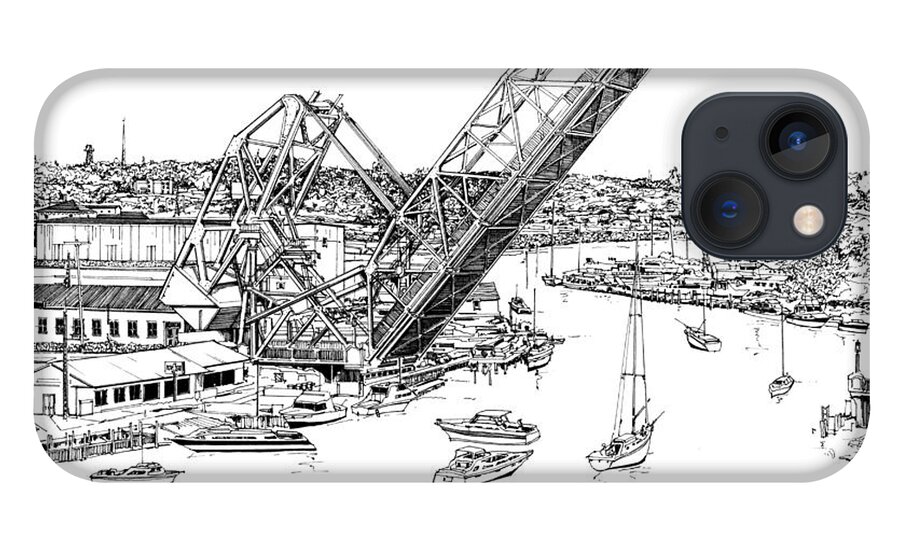 Ashtabula Harbor Ohio iPhone 13 Case featuring the drawing Bascule Lift Bridge Ashtabula by Ira Shander