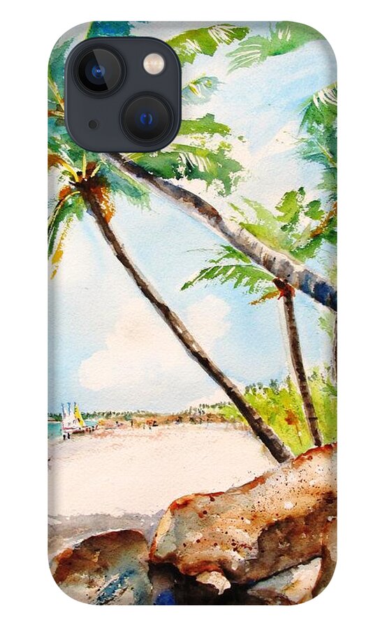 Tropical Beach iPhone 13 Case featuring the painting Bavaro Tropical Sandy Beach by Carlin Blahnik CarlinArtWatercolor