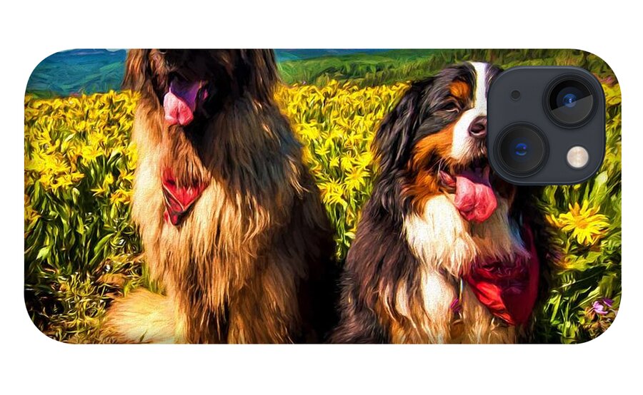 Bernese Mountain Dog iPhone 13 Case featuring the painting Bernese Mountain Dog and Leonberger Among Wildflowers by Gary Whitton
