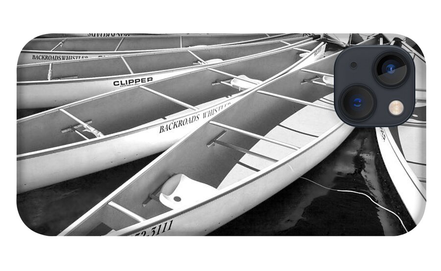 Black And White iPhone 13 Case featuring the photograph Black and White Photograph of a group of canoes tethered together in a circle by Randall Nyhof