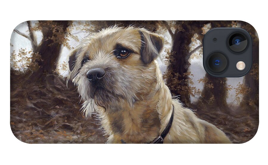 Dog Paintings iPhone 13 Case featuring the painting Border Terrier in the woods by John Silver