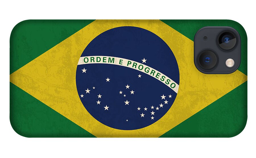 Brazil Flag iPhone 13 Case featuring the mixed media Brazil Flag Vintage Distressed Finish by Design Turnpike