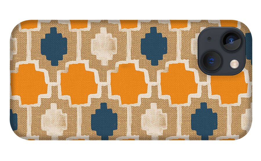 Abstract Pattern iPhone 13 Case featuring the painting Burlap Blue and Orange design by Linda Woods