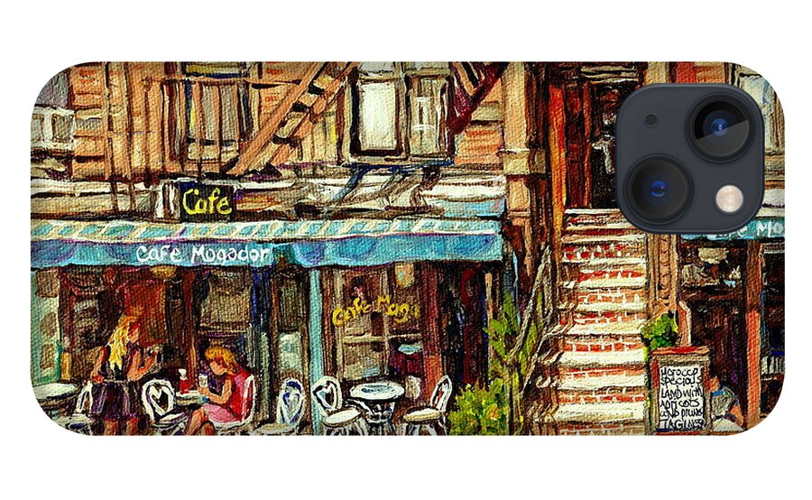 New York iPhone 13 Case featuring the painting Cafe Mogador Moroccan Mediterranean Cuisine New York Paintings East Village Storefronts Street Scene by Carole Spandau