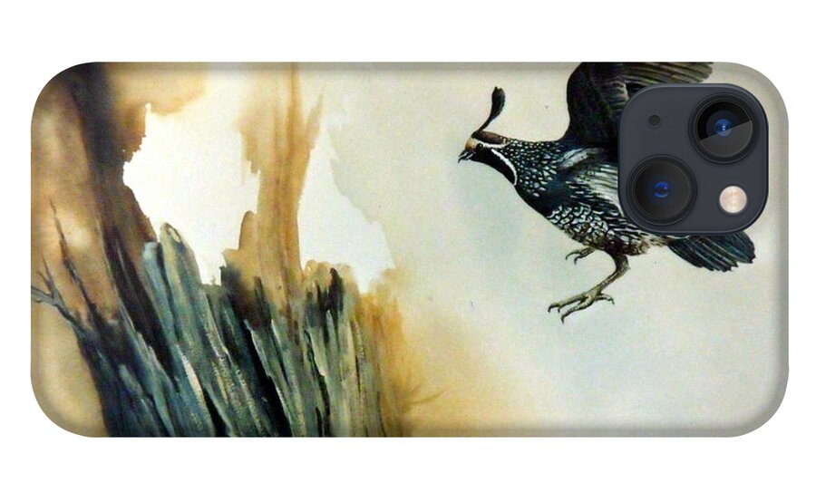 California Quail In Flight iPhone 13 Case featuring the painting California Quail by Lynne Parker
