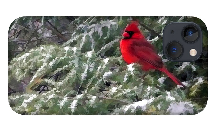 Cardinal iPhone 13 Case featuring the digital art Cardinal in Snow by Jayne Carney