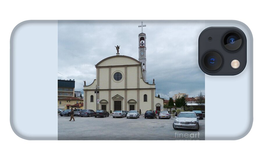 Catholic iPhone 13 Case featuring the photograph Cars and Cathedral - Shkoder by Phil Banks
