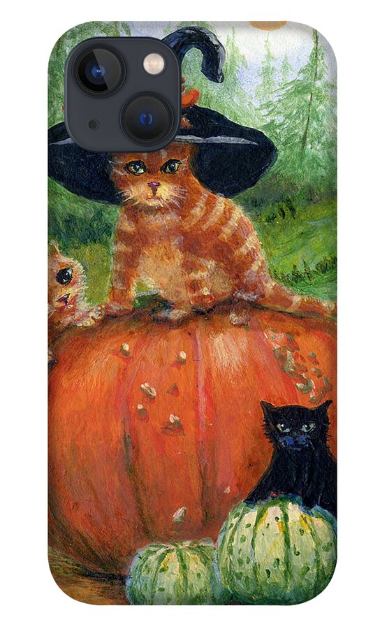 Tabby Cats iPhone 13 Case featuring the painting Cat on a Pumpkin by Jacquelin L Westerman