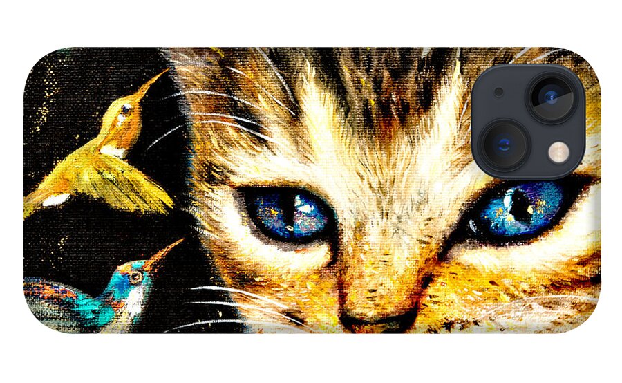 Cat iPhone 13 Case featuring the painting Cat with Hummingbirds by Shijun Munns