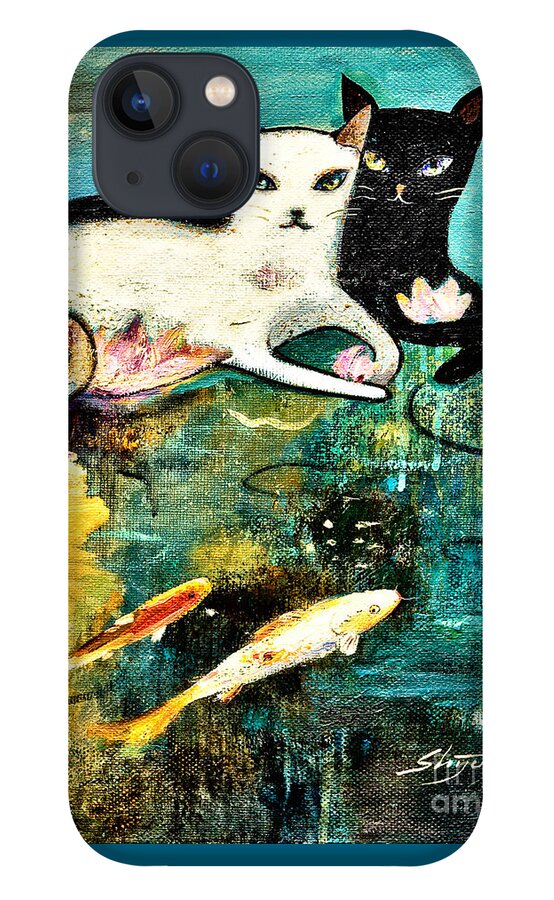 Black Cat iPhone 13 Case featuring the painting Cats with koi by Shijun Munns