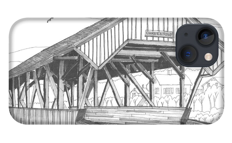 Chamberlin Covered Bridge iPhone 13 Case featuring the drawing Chamberin Mill Covered Bridge by Richard Wambach