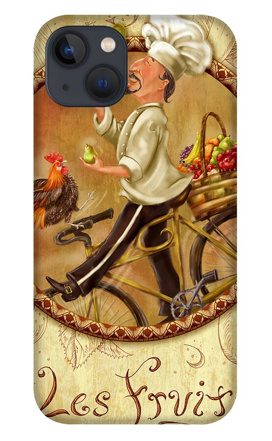 Chef iPhone 13 Case featuring the mixed media Chefs on Bikes-Les Fruits by Shari Warren