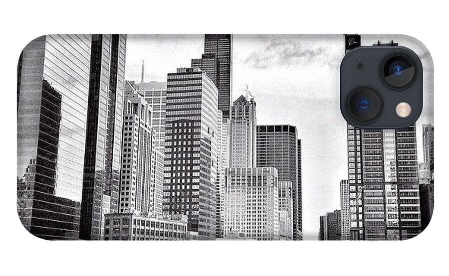 America iPhone 13 Case featuring the photograph Chicago River Buildings Black and White Photo by Paul Velgos