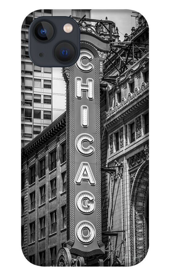 America iPhone 13 Case featuring the photograph Chicago Theater Sign in Black and White by Paul Velgos
