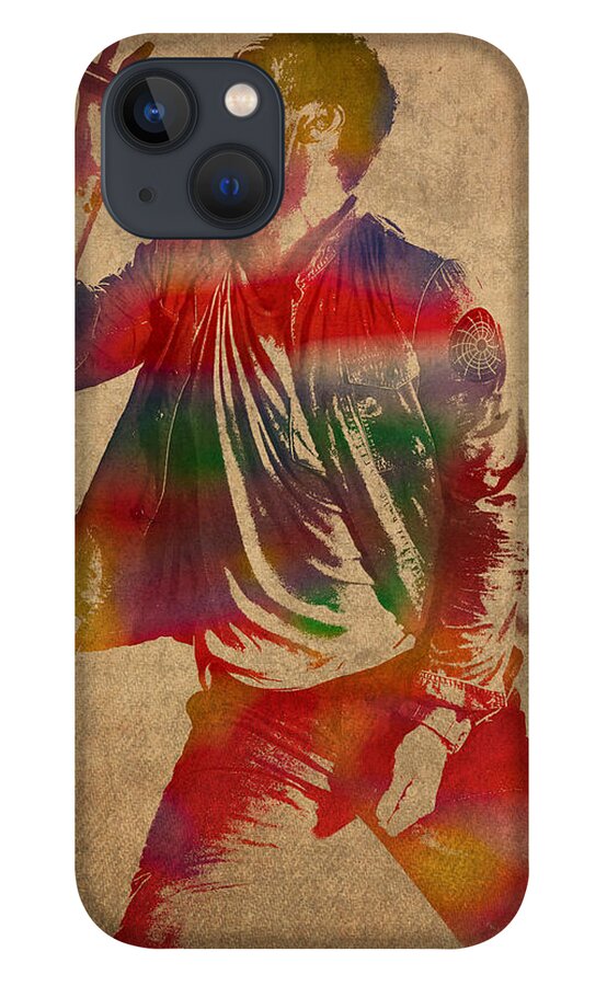 Chris iPhone 13 Case featuring the mixed media Chris Martin Coldplay Watercolor Portrait on Worn Distressed Canvas by Design Turnpike