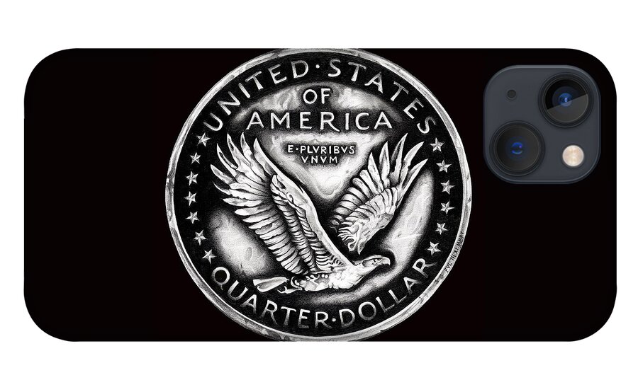 Coin iPhone 13 Case featuring the drawing Circulated Standing Liberty Reverse Black and White by Fred Larucci
