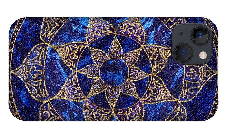 Mandala iPhone 13 Case featuring the painting Cosmic Blue Lotus by Charlotte Backman