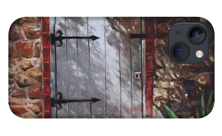 Door iPhone 13 Case featuring the painting Decorative door in archway set in stone wall surrounded by plants by Martin Davey
