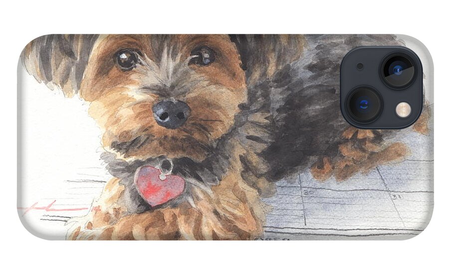 <a Href=http://miketheuer.com Target =_blank>www.miketheuer.com</a> Desktop Calendar Yorky Dog Watercolor Portrait Mike Theuer iPhone 13 Case featuring the drawing Desktop Calendar Yorky Dog Watercolor Portrait by Mike Theuer