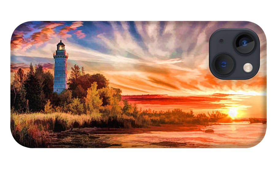 Door County iPhone 13 Case featuring the painting Door County Cana Island Lighthouse Sunrise Panorama by Christopher Arndt