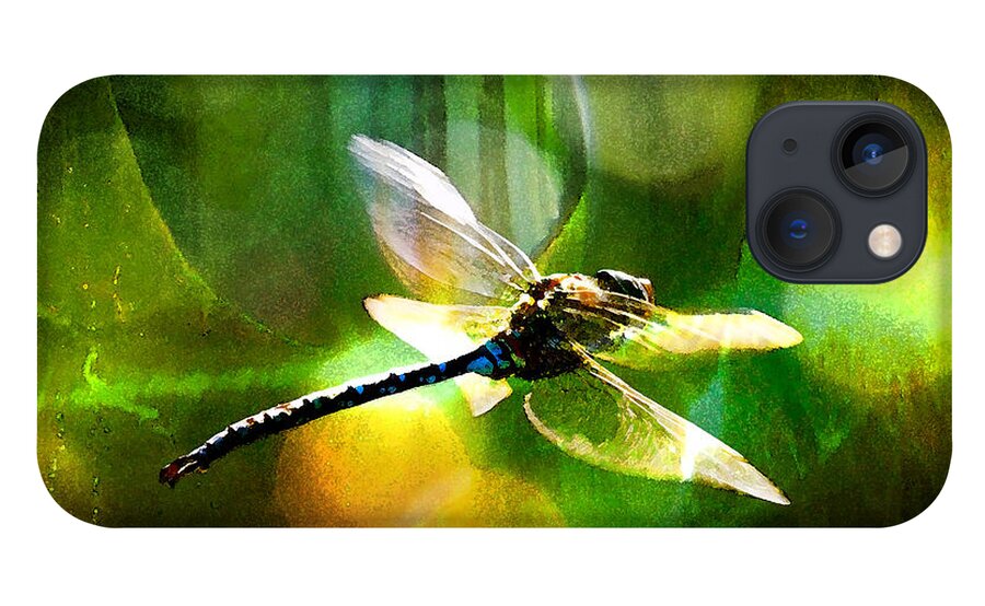 Dragonfly iPhone 13 Case featuring the mixed media Dragonfly In Sunlight - Yellow Sunlight by Marie Jamieson