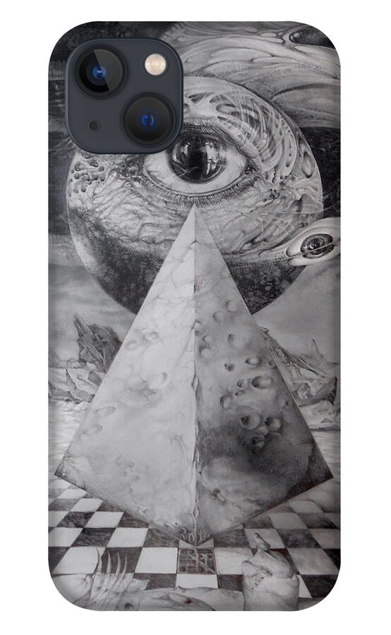 Drawing iPhone 13 Case featuring the drawing Eye Of The Dark Star - Journey Through The Wormhole by Otto Rapp