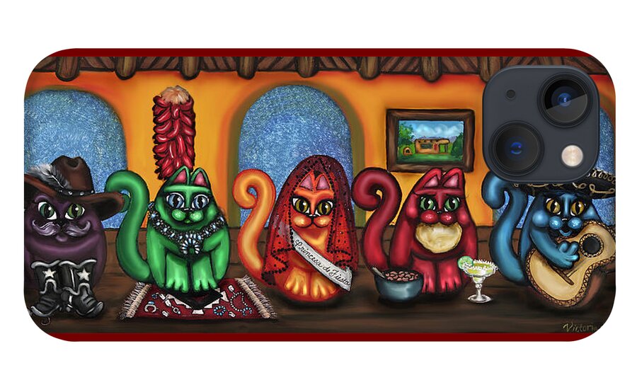 Folk Art iPhone 13 Case featuring the painting Fiesta Cats or Gatos de Santa Fe by Victoria De Almeida
