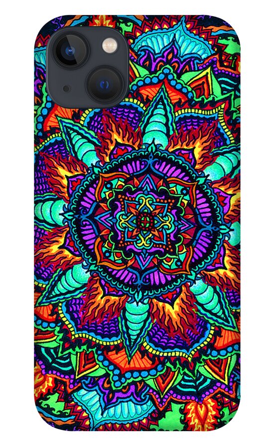 Mandala iPhone 13 Case featuring the drawing Fire Flower by Baruska A Michalcikova