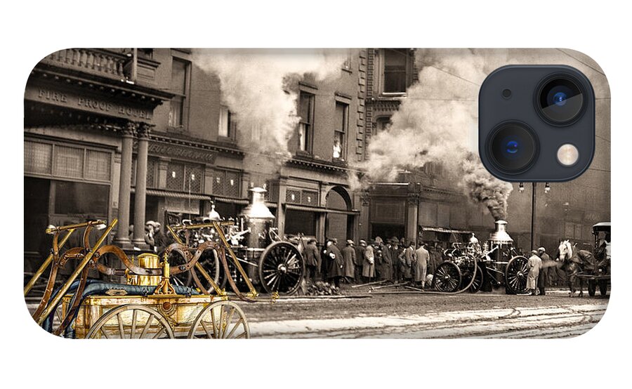 1890 iPhone 13 Case featuring the photograph Fire Truck in New York 1890 collage by Vincent Monozlay