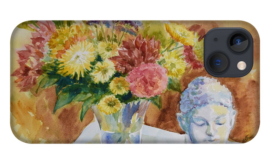Still Life iPhone 13 Case featuring the painting Flower Vase with Buddha by Jyotika Shroff